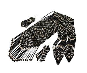 LKBEADS Monochrome Ethnic Mosaic Ukrainian Gerdan Necklace With Earring Set Seed Beads Traditional Jewellery Multi Color Handmade Strand Beaded Jewelry |LK_UKRN_0881