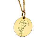 LKBEADS Morning Glory Flower Engraved Coin Pendant Necklace 24mm with 18 Inch Cable Chain | Sterling Silver Gold Plated | Unisex Gift Jewelry|LK_PNDN_1131