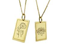 LKBEADS Morning Glory Lotus Flower Pendant Necklace Gold Plated 925 Sterling Silver Rectangular Medallion Botanical Floral Engraved Nature Jewelry Women Girls Gift