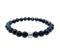 LKBEADS Natural Agate Gemstone 8 mm | Round Shape, Smooth Cut Stone | 7 Inch | Black Color Gem | With Silver Metal |dhan yog stretch bracelet | success wristband | handmade jewelry |LK_BRC_02691