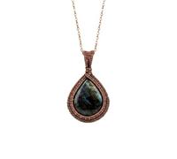 LKBEADS Oxidized Copper Plated Brass Natural Labradorite Wire Wrapped Gemstone Pear Shape Rainbow Color Smooth Cut 36X30mm Stone With 18 Inch Cable Chain Handmade Unisex Jewelry |L_WRPN_0022