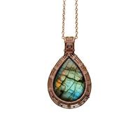 LKBEADS Oxidized Copper Plated Brass Natural Labradorite Wire Wrapped Gemstone Pear Shape Rainbow Color Smooth Cut 35X25mm Stone With 18 Inch Cable Chain Handmade Unisex Jewelry |L_WRPN_0060