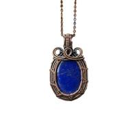 LKBEADS Oxidized Copper Plated Brass Natural Lapis Lazuli Wire Wrapped Gemstone Oval Shape Blue Color Smooth Cut 33X23mm Stone With 18 Inch Cable Chain Handmade Unisex Jewelry |L_WRPN_0092