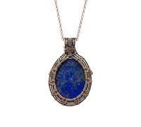LKBEADS Oxidized Copper Plated Brass Natural Lapis Lazuli Wire Wrapped Gemstone Oval Shape Blue Color Smooth Cut 35X30mm Stone With 18 Inch Cable Chain Handmade Unisex Jewelry |L_WRPN_0029