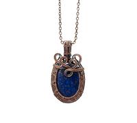 LKBEADS Oxidized Copper Plated Brass Natural Lapis Lazuli Wire Wrapped Gemstone Oval Shape Blue Color Smooth Cut 35X21mm Stone With 18 Inch Cable Chain Handmade Unisex Jewelry |L_WRPN_0041