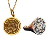LKBEADS Sacred Geometry Cube Pendant Necklace & Signet Ring |LK_PCOM_0236 | 925 Sterling Silver Pendant Size 24mm Silver & Gold Plated Symbol Charm Meaningful Jewelry Set