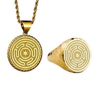 LKBEADS Sacred Labyrinth Star Pendant Necklace & Signet Ring |LK_PCOM_0201 | 925 Sterling Silver Pendant Size 24mm Gold Plated Path of Stars Charm Meaningful Jewelry Set