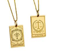 LKBEADS Sagittarius Zodiac Justice Tarot Pendant Necklace Pack of 2 Gold Plated 925 Sterling Silver Rectangular Astrology Tarot Card Engraved Medallion Spiritual Jewelry Women Men Gift