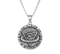 LKBEADS Stainless Steel All Seeing Eye Pendant Necklace Sacred Geometry Symbol Amulet with 18 Inch Cable Chain Round Engraved Mystical Jewelry 33x33mm