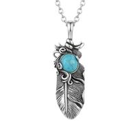 LKBEADS Stainless Steel Feather Pendant Necklace Turquoise Inspired Stone Accent Nature Inspired Charm Jewelry with 18 Inch Cable Chain Silver Tone 62x17mm