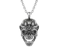 LKBEADS Stainless Steel Ornate Skull Pendant Necklace Gothic Artisan Charm with 18 Inch Cable Chain Detailed Statement Fashion Jewelry Vintage Inspired Design 50x27mm
