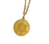 LKBEADS Star of David Engraved Coin Pendant Necklace 24mm with 18 Inch Cable Chain | Sterling Silver Gold Plated | Unisex Gift Jewelry|LK_PNDN_1546