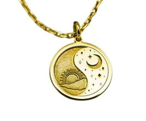 LKBEADS Sun & Moon Yoga Embossed Pendant Necklace Made in 925 Sterling Silver With Gold Plating 18" Cable Chain Round Shape Charm For Unisex Handmade Jewelry |LK_EMBO_00153