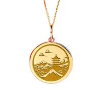 LKBEADS Traditional Japanese House Engraved Coin Pendant Necklace 24mm with 18 Inch Cable Chain | Sterling Silver Gold Plated | Unisex Gift Jewelry|LK_PNDN_1680