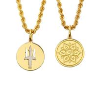 LKBEADS Trident Om Lotus Pendant Necklace Set Pack 2 Gold Plated 925 Sterling Silver Coin Medallion Spiritual Yoga Hindu Symbol Jewelry Women Men