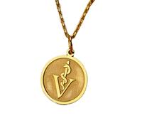 LKBEADS Veterinarian Symbol Engraved Coin Pendant Necklace 24mm with 18 Inch Cable Chain | Sterling Silver Gold Plated | Unisex Gift Jewelry|LK_PNDN_1799