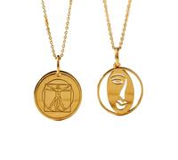 LKBEADS Vitruvian Man Geometry & Minimalist Abstract Face Pendant Necklace Set Pack of 2 Gold Plated 925 Sterling Silver 28mm Round Coin Medallion Art Jewelry Women Men