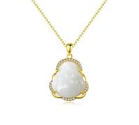 LKDCNUP Talisman necklace, Feng Shui Pendant,Feng Shui White Hetian Jade Necklace Pendant for Women Genuine Yoga Maitreya Buddha Collarbone Chain S925 Silver Gold-Plated