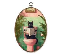 LKETW Funny Black Cat Bathroom Oval Wall Art Decor, Tropical Black Kitty Reading on Toilet Oval Canvas Hanging Decor, Funny Cat Wall Decorations for Bathroom Washroom Toilet, 8.6x11.4 Inch blackcat
