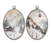 LKETW Vintage Winter Ski Oval Wall Art Decor, Winter Oval Canvas Hanging Decor, Nature Snowy Mountain Landscape Skiing Wall Decorations for Home Room Bedroom, Ski Lover Gifts, 8.6x11.4 Inch Set of 2