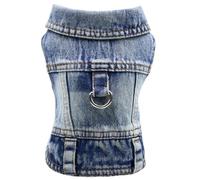 LKEX Dog Jean Jacket, Blue Denim Shirt Classic Lapel Vest Coat Costume Puppy T-Shirt, Comfort Tank Top Cool Apparel, Washed Pet Clothes for Dogs Boy Girl (with D-Ring, X-Small)