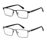 LKEYE Lk601 Bifocal Reading Glasses Men Blue Light Progressive No Line Metal Frame Wide Designer Square Transition Fashion Style 2 Bifocals (Black+Gun) M, 2 Bifocals (Black + Gun), Medium