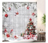 LKFBSC Christmas Farmhouse Shower Curtain, Tree with Rustic Wood Panel Winter Cardinal Birds Fabric Shower Curtains Set, Xmas Shower Curtains with Hooks, New Year Bathroom Curtain 72x72inch