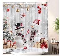 LKFBSC Christmas Farmhouse Snownmen Shower Curtain, Snowman and Cardinal Bird with Rustic Wood Panel Winter Fabric Shower Curtains Set, Xmas Shower Curtains with Hooks, 72x72inch