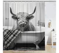 LKFBSC Funny Highland Cattle Cow Bull Shower Curtain, Black and White Cattle Bathing in The Bathtub Shower Curtains Set, Humor Western West Farmhouse Shower Curtains with Hooks 72x72inch