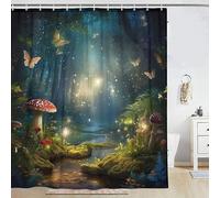 LKFBSC Mushroom Shower Curtain, Enchanted Forest Mushrooms Fireflies Butterflies Shower Curtains Set, Fairy Tale Woodland Shower Curtains Bathroom Curtain with Hooks 72 x 72 inches