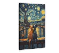LKGHAGF Two Cats Under The Starry Sky Canvas Poster Wall Art Decor Print Picture Paintings for Living Room Bedroom Decoration 08x12inch(20x30cm)