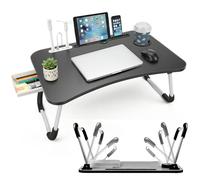 LKH Foldable Laptop Table with USB Hub,Fan LED Light & Side Drawer - 60×40×28 cm Portable Bed Tray with Drink Holder, for Bed, Sofa - Lightweight Folding Bed Desk with Side Tray for Accessories