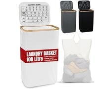 LKH Laundry Basket with Lid 100 litre - 600D Polyester Clothes Hamper for Laundry with Bamboo handles, Laundry Guide & Inner Mesh Bag - 44x33x70cm Laundry Basket Organizer for Dorm Laundry Room