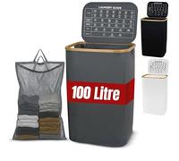 LKH Laundry Basket with Lid 100 litre - 600D Polyester Clothes Hamper for Laundry with Bamboo handles, Laundry Guide & Inner Mesh Bag - 44x33x70cm Laundry Basket Organize (Grey)