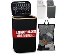 LKH Laundry Basket with Lid 100 litre - 600D Polyester Clothes Hamper for Laundry with Bamboo handles, Laundry Guide & Inner Mesh Bag - 44x33x70cm Laundry Basket Organizer for Dorm Laundry Room