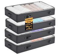 LKH Under Bed Storage Organisers with Zipper 100L - Pack of 4 Clothes Storage Box and Handles - Non-Woven Clothes Storage Bags for Bedding, Blankets & Underbed Oragnizer - Dust-Resistant & Breathable