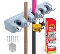 LKH Wall Mounted Broom Holder & Mop Organizer - 5 Broom Stations & 6 Hooks, Garage Wall Storage, Utility Room Storage Solutions, Broom Hanger, Mop & Brush Holder Wall Mounted (1)