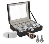LKH Watch Box 10 Slot - Premium Watch Storage Case with Metal Clasp Lock & 2 Keys, Faux Leather With Removable Pillows Watch Organizer for Men & Women, Display Case with Glass Lid & Pillows