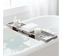 LKH Wooden Bath Tray Caddy - Natural Bamboo Bath Tray for Across the Bath - Strong Water-Resistant & Durable Bathtub Tray for Bathroom Accessories, Candles, Glass, & Book