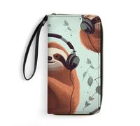 LKHDS Small Leather Bag with Wristlet Funny Cute Animal Sloth Music Printed Genuine Leather Wallet for Men And Women Exquisite And Personalized Portable Wallet, white, 19.7x10.5cm