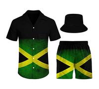 LKHVGY Men's Jamaican Flag T-Shirt Set Summer Beach Shirt Short Sleeve Casual Pants and Fisherman Cap XL