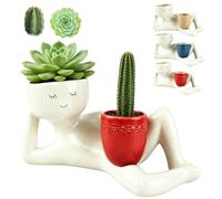 LKHYUKU Funny Plant Pots, Sleepy Sprout Planter, Cactus Pot, Funny Plant Pots with Drainage Hole, White Ceramic Reclining Figure Planter with Blue/Red/Yellow Cup, Decorative Succulent Holder ，Red