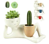 LKHYUKU Funny Plant Pots, Sleepy Sprout Planter, Cactus Pot, Funny Plant Pots with Drainage Hole, White Ceramic Reclining Figure Planter with Blue/Red/Yellow Cup, Decorative Succulent Holder ，Yellow