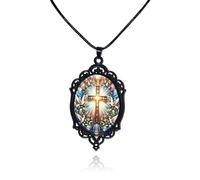 LKingel Gothic Cross Glass Pendant Necklace for Women Punk Vintage Black Dark Oval Cameo Necklace Halloween Jewelry for Women, Metal, No Gemstone