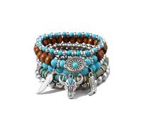 LKingel Turquoise Western Jewelry for Women Bohemian Vintage Stackable Turquoise Bracelet Rustic Beaded Cow Head Charm Stretch Bracelet Western Rustic Country Concert Outfits for Women, L, Alloy Steel