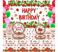 LKITMIUT 161 Pack Strawberry Birthday Decorations Berry First Party Supplies Sweet One Summer Fruit Tableware Set Plates, Tablecloths, Backdrop, Balloons, Napkins Serves 20