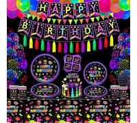 LKITMIUT 187 Pack Glow Neon Party Supplies in The Dark Decorations BlackLight Tableware Set - Plates, Black Light Banners, Fluorescent Balloons, Tablecloth, Tassels, Napkins Serves 20, (Feestplaat-1)