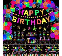LKITMIUT 80 Pack Glow Neon Party Supplies Decorations Black Light Reactive Decor Set - Fluorescent Banner, BlackLight Garland, Hanging Stars, in The Dark Balloons, Tablecloth, Cake Toppers