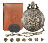 LKKCHER DESIGN Mini DND Dice Set with Bronze Steampunk Center Number Pocket Watch Shell Case, 7pcs Polyhedral Metal D&D Dice Set, DND Starter Set, Role Playing Board Games Accessories