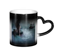 LKLDDPZB Mermaid Girl and Sailing On Sea Pirate Ship Print Heat Changing Coffee Mug –11 Oz Magic Color Changing Mug, Ceramic Thermal Reactive Cup for Men and Women